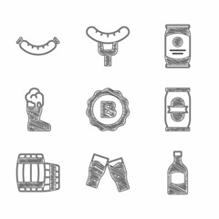 Set Bottle cap with beer, Glass of, Beer bottle, can, Wooden barrel, Boot glass, and Sausage icon. Vector