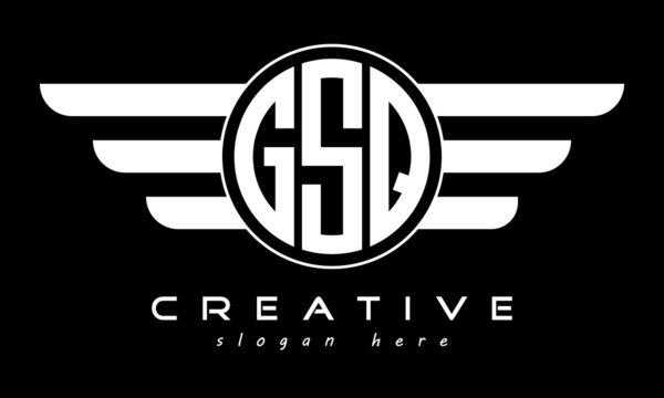 GSQ three letter monogram type circle letter logo with wings vector template.