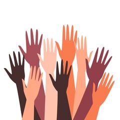 Fototapeta premium Diverse ethnic and multiracial hands raised up flat vector illustration isolated.