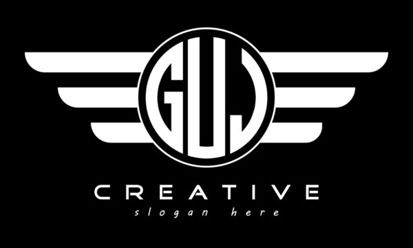 GUJ three letter monogram type circle letter logo with wings vector template.