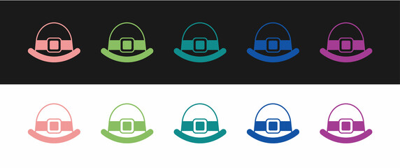 Set Leprechaun hat icon isolated on black and white background. Happy Saint Patricks day. National Irish holiday. Vector