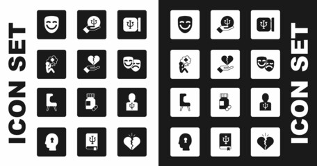 Set Psychology, Psi, Broken heart or divorce, Helping hand, Comedy theatrical mask, tragedy masks, and Armchair icon. Vector