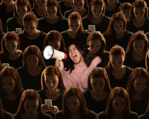 Obraz premium Top view of grey crowd of identical people and special one girl shouting at megaphone. Difference and diversity concept.