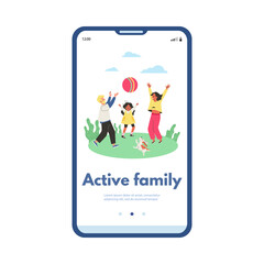 Active family onboarding mobile app page banner flat vector illustration.