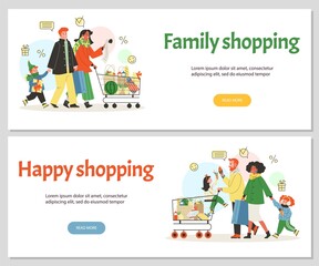 Family shopping horizontal flyers set, flat cartoon vector illustration.
