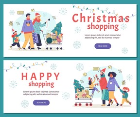 Family Christmas shopping horizontal flyers set flat vector illustration.