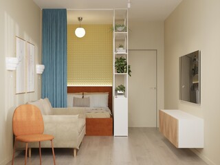 modern design of a living room with a bed in and a work area in warm shades, beige walls, a white wardrobe, an orange chair, 
modern design of a living room with a bed in and a work area in warm shad