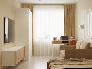 modern design of a living room with a bed in and a work area in warm shades, beige walls, a white wardrobe, an orange chair, decor on the table