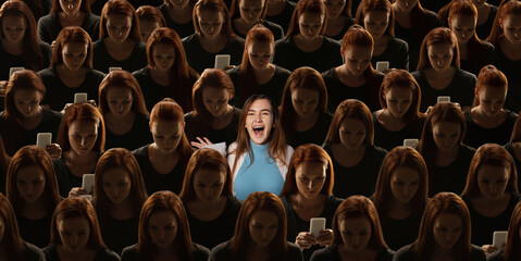 Top view of grey crowd of identical people with gadget, network addiction and special one young...