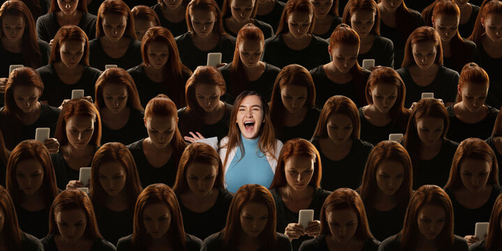 Top view of grey crowd of identical people with gadget, network addiction and special one young girl, difference and diversity concept