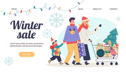 Winter sale website with family doing seasonal shopping, vector illustration.