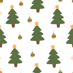 Hand drawn unique Christmas tree with balls seamless pattern. Xmas vintage texture. New Year banner. Noel decor. Festive card. Cartoon design. Poster, flyer, party invitation. Vector illustration