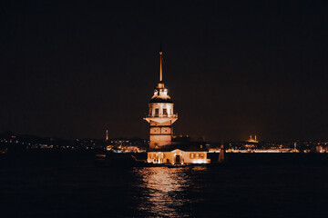 Maiden's Tower at night in Istanbul Turkey