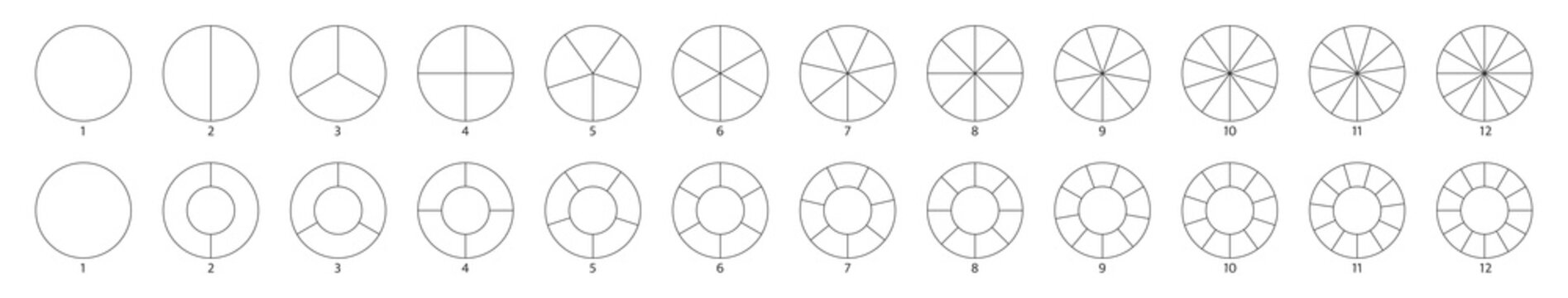 Segment Slice Sign. Circle Section Graph Line Art. Pie Chart Icon. 2,3,4,5,6, 8,10 Segment Infographic. Wheel Round Diagram Part. Five Phase, Six Circular Cycle. Geometric Element. Vector Illustration