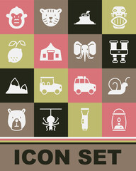 Set Camping lantern, Snail, Binoculars, Tree stump, Tourist tent, Lemon, Monkey and Elephant icon. Vector