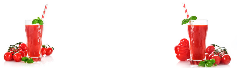 Glass of fresh tomato juice, basil and tomatoes isolated on white background. Top view copy space. Banner.