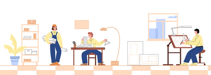 Architects in the office working on building draft or blueprint, flat vector illustration on white.