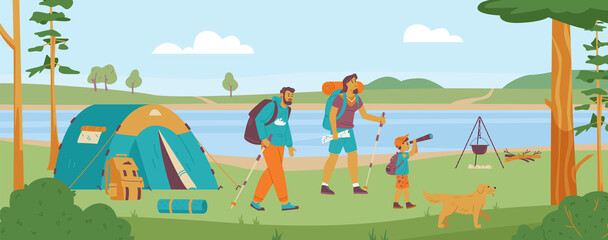 Family of tourists travel in forest with backpacks, flat vector illustration.