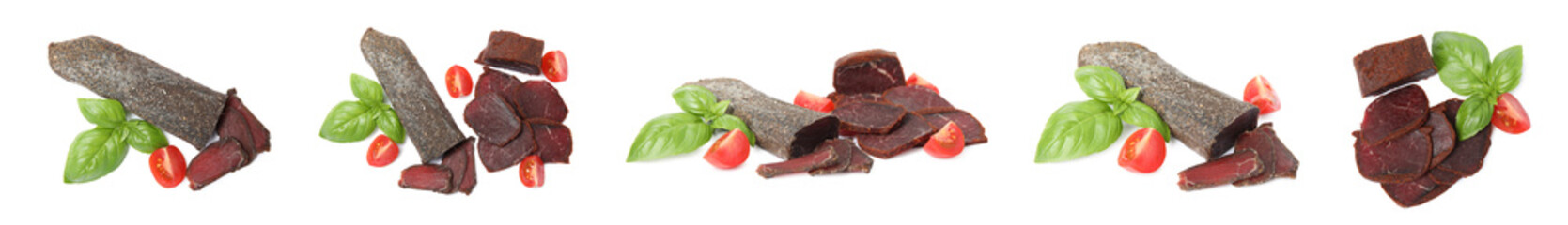 Set with delicious dry-cured basturma on white background. Banner design