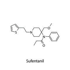 Sufentanil molecular structure, flat skeletal chemical formula. Opioid, painkiller, narcotic, analgesic drug used to treat . Vector illustration.