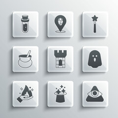 Set Magic hat, All-seeing eye of God, Ghost, Castle tower, Hand holding fire, Witch cauldron, Bottle with potion and wand icon. Vector