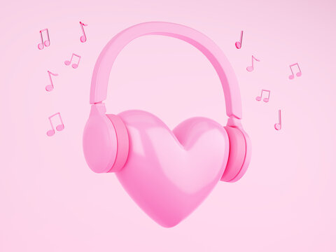 Heart and headphones. Illustration of love for music. Listen to your heart. Pink background. 3d rendering