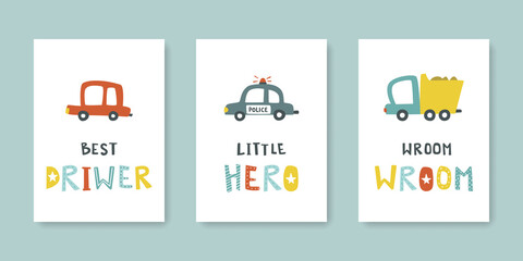 Set of baby car print for poster. Collection of naive cartoon little transport with text. Bundle of wall art with lettering for nursery. © Sonium_art