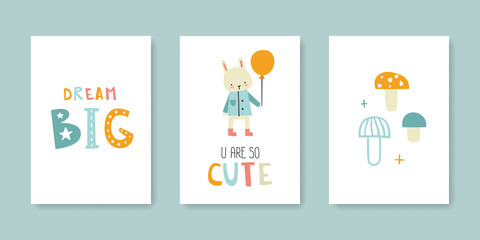 Set of cute poster for nursery with bunny, lettering, mushrooms. Collection of naive abstract prints for wall art.