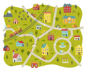 Doodle city baby map carpet. Childish nursery town print with houses, cars, roads, mountain, hospital, train, trees, fire engine, police car, garbage truck, school, church, railway.