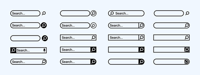 Search Bar for ui, design and web site. Search bar graphic design element. Collection of search form templates for websites. Vector line illustration. Isolated ui template - obrazy, fototapety, plakaty