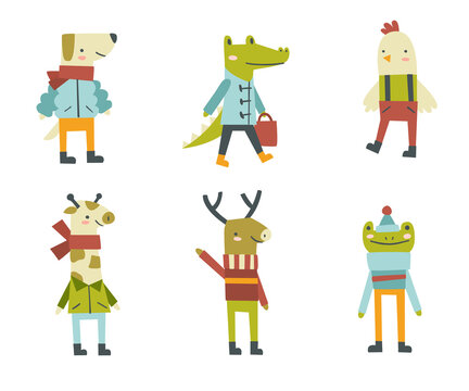 Set of cute stylized dressed animals. Collection of simple doodle mammal in clothes.