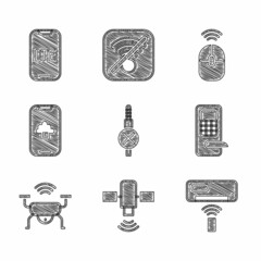 Set No audio jack, Satellite, Air conditioner, Digital door lock, Smart drone system, Cloud technology data, Wireless computer mouse and LTE network icon. Vector