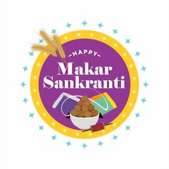 Creative Greeting Card for Makar Sankranti, an Indian Festival. Happy Makar Sankranti. Editable Illustration of colorful Kites and Sesame Laddu.