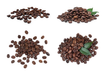 Set with roasted coffee beans on white background, top view