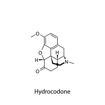 Hydrocodone molecular structure, flat skeletal chemical formula. Opioid, painkiller, narcotic, analgesic drug used to treat . Vector illustration.