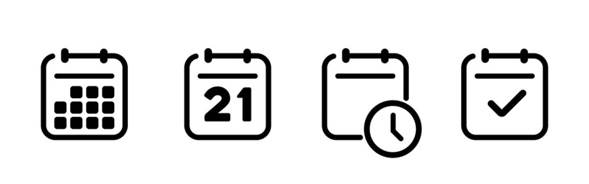 Calendar vector icons. Calendar icons vector set. Time and seasons simple contour line style signs. Vector symbols of diary, organizer, calender, week, months, year, date