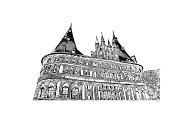 Obraz premium Building view with landmark of Lubeck is the city in Germany. Hand drawn sketch illustration in vector.