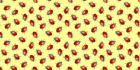 Many red ladybugs on yellow background, flat lay. Banner design