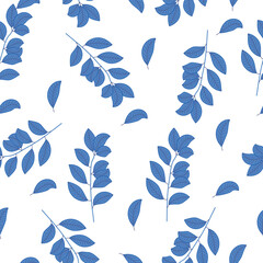 Blue seamless pattern with branches and leaves drawn in vector. Natural motives background.