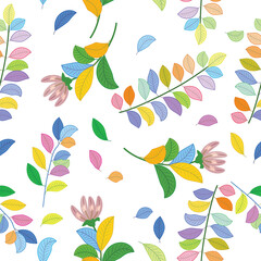 Colorful seamless pattern with flower, branches and leaves drawn in vector. Natural motives background.