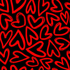 Bright red ink contour hearts isolated on dark black background. Cute monochrome seamless pattern. Vector simple flat graphic hand drawn illustration. Texture.