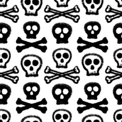 Black ink skull and bones isolated on white background. Cute monochrome seamless pattern. Vector simple flat graphic illustration. Texture.