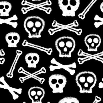 White ink skull and bones isolated on black background. Cute monochrome seamless pattern. Vector simple flat graphic hand drawn illustration. Texture.