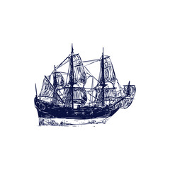 sailing ship wood cut - stock vector