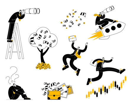 A set of vector illustrations with a man in a jacket who is engaged in trading on the stock market. A conceptual illustration on the topic of strategic planning in trading on the stock exchange.