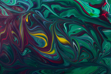 Beautiful liquid texture of the nail polish.Green and purple colors.Multicolored background with copy space.Fluid art,pour painting technique.Good as digital decor.