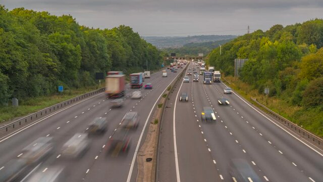Time lapse of traffic on the M1 in Derbyshire, Bolsover Castle visible in background, Derbyshire