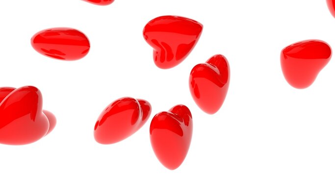 Glossy oblique hearts of the shape fall down and fill the screen. Concept for Valentine's Day. High image quality with bright light and reflections. Realistic 3D rendering