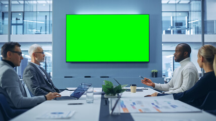 Office Conference Room Meeting using Green Screen Chroma Key TV: Multi-Ethnic Group of Top...
