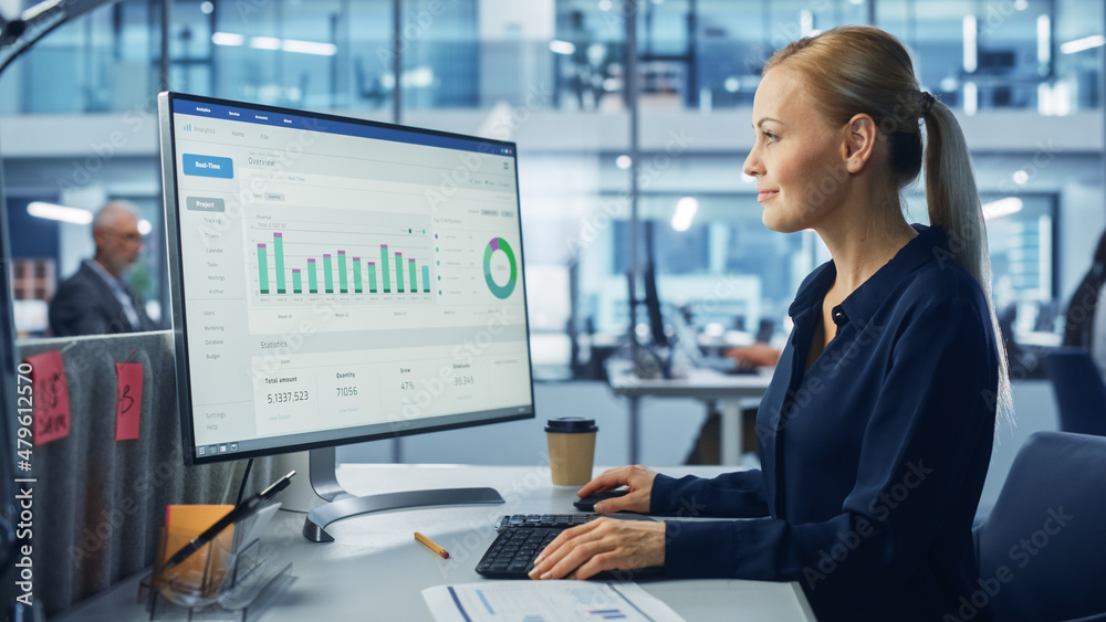 Poster Diverse Modern Office: Confident Businesswoman Using Desktop Computer with Big Data Statistics, Graphs. Manager Working on e-Commerce Support, Project Marketing, Data Analysis